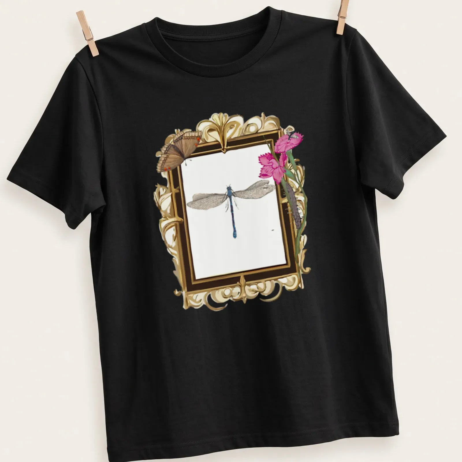 Vintage botanical-style t-shirt featuring a dragonfly in soft colors — printed on a unisex t-shirt