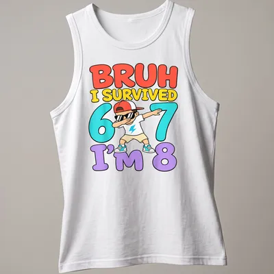 Colorful cartoon print of a dabbing boy with birthday text in vibrant colors — printed on a tank top