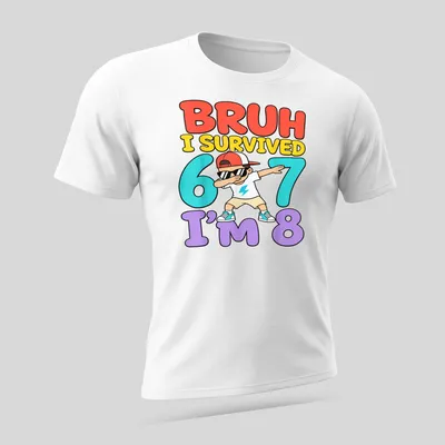 Colorful cartoon print of a dabbing boy with birthday text in vibrant colors — printed on a unisex t-shirt (angled view)