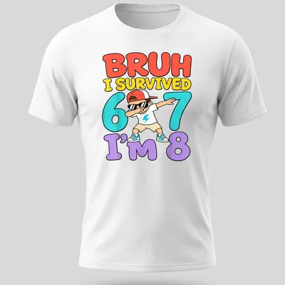 Colorful cartoon print of a dabbing boy with birthday text in vibrant colors