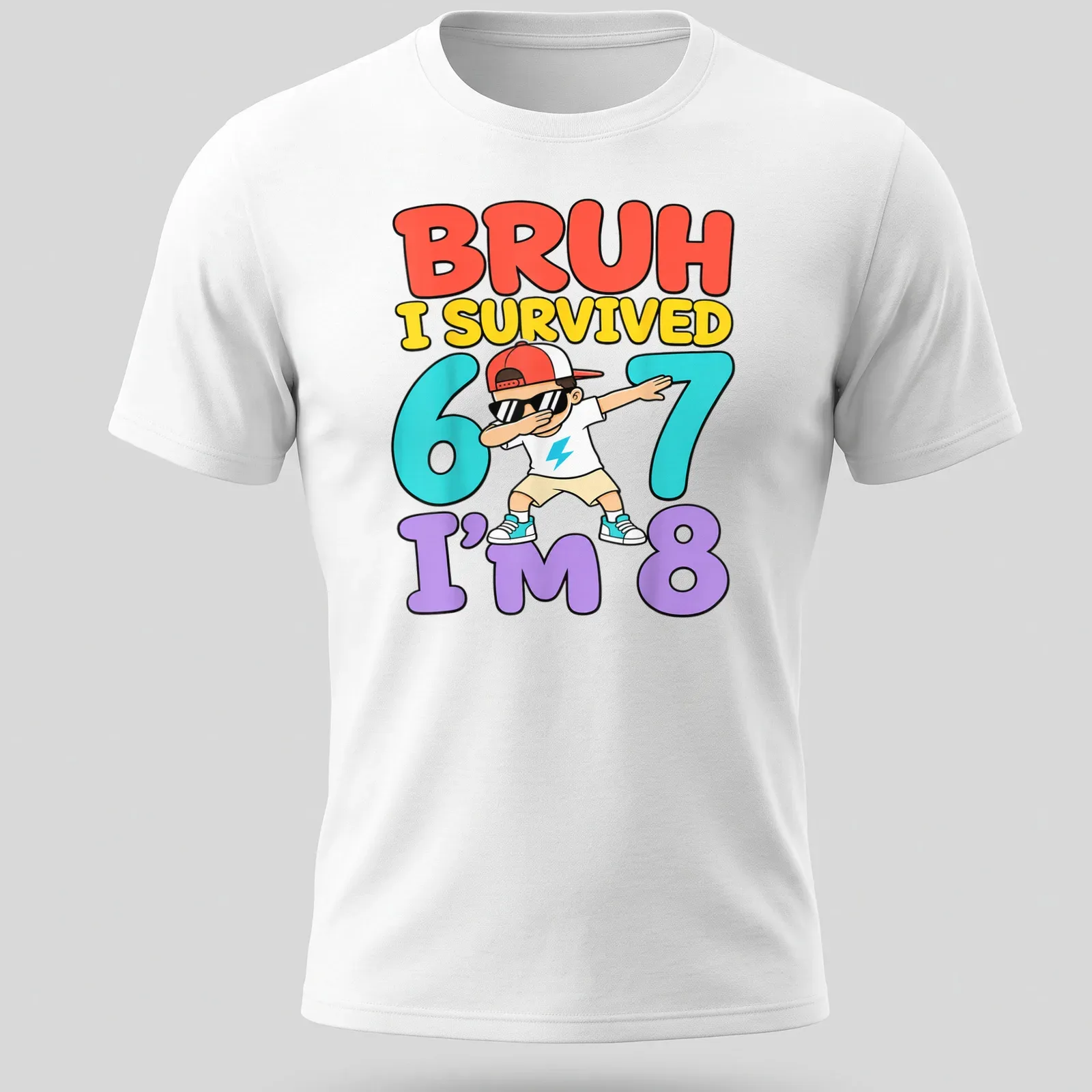 Colorful cartoon print of a dabbing boy with birthday text in vibrant colors — printed on a unisex t-shirt