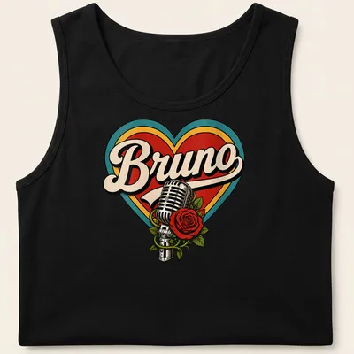 Vintage microphone entwined with a rose and the name Bruno in retro lettering — printed on a tank top