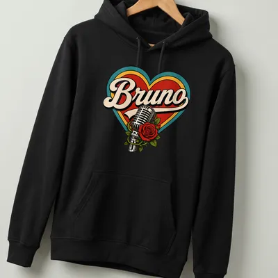 Vintage microphone entwined with a rose and the name Bruno in retro lettering — printed on a unisex hoodie