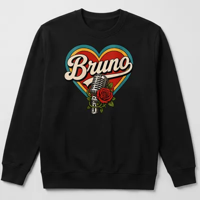 Vintage microphone entwined with a rose and the name Bruno in retro lettering — printed on a unisex sweatshirt