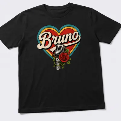 Vintage microphone entwined with a rose and the name Bruno in retro lettering — printed on a unisex t-shirt