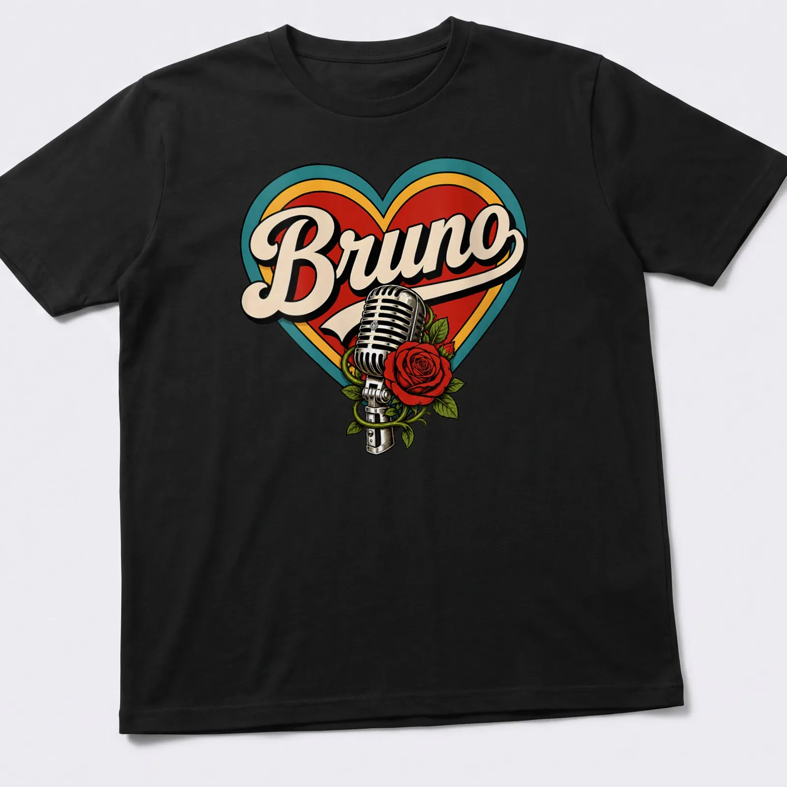 Vintage microphone entwined with a rose and the name Bruno in retro lettering — printed on a unisex t-shirt