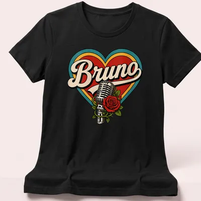 Vintage microphone entwined with a rose and the name Bruno in retro lettering — printed on a women's shirt