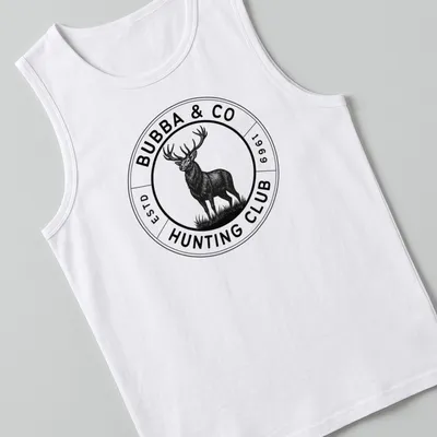 Vintage circular design featuring a deer and the text Bubba & Co Hunting Club — printed on a tank top