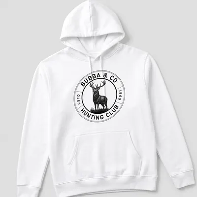 Vintage circular design featuring a deer and the text Bubba & Co Hunting Club — printed on a unisex hoodie