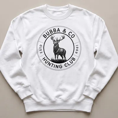 Vintage circular design featuring a deer and the text Bubba & Co Hunting Club — printed on a unisex sweatshirt