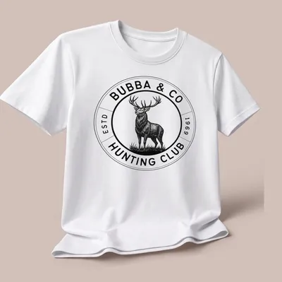 Vintage circular design featuring a deer and the text Bubba & Co Hunting Club — printed on a unisex t-shirt (angled view)