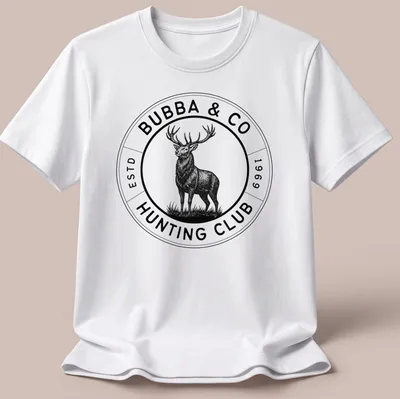 Vintage circular design featuring a deer and the text Bubba & Co Hunting Club — printed on a unisex t-shirt