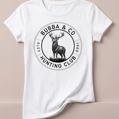 Vintage circular design featuring a deer and the text Bubba & Co Hunting Club — printed on a women's shirt