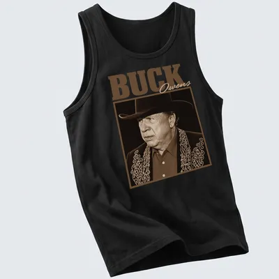 Vintage portrait of Buck Owens in brown and beige tones — printed on a tank top