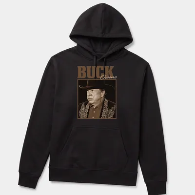 Vintage portrait of Buck Owens in brown and beige tones — printed on a unisex hoodie