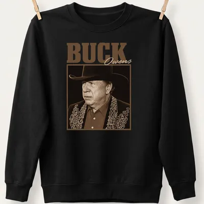 Vintage portrait of Buck Owens in brown and beige tones — printed on a unisex sweatshirt