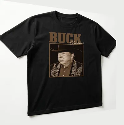 Vintage portrait of Buck Owens in brown and beige tones — printed on a unisex t-shirt (angled view)