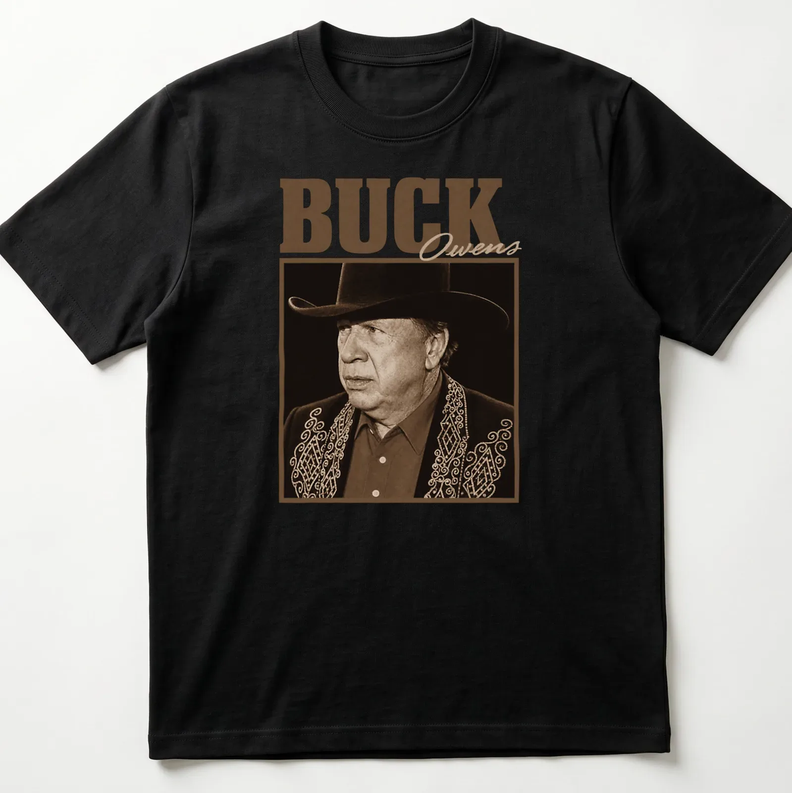 Vintage portrait of Buck Owens in brown and beige tones — printed on a unisex t-shirt