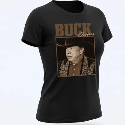 Vintage portrait of Buck Owens in brown and beige tones — printed on a women's shirt