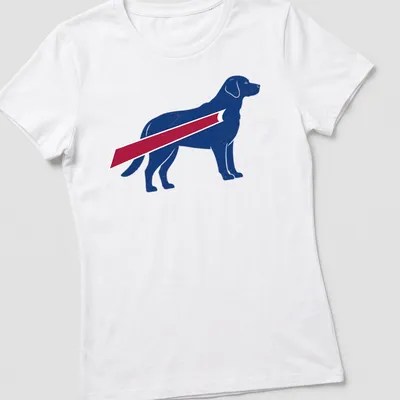Vintage-style Buffalo Bills Dog Dad t-shirt with a silhouette of a dog — printed on a women's shirt