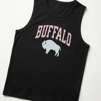 Bold bison silhouette with BUFFALO text in athletic design — printed on a tank top