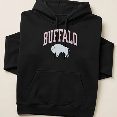 Bold bison silhouette with BUFFALO text in athletic design — printed on a unisex hoodie