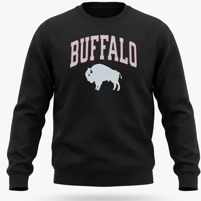 Bold bison silhouette with BUFFALO text in athletic design — printed on a unisex sweatshirt