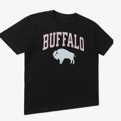 Bold bison silhouette with BUFFALO text in athletic design — printed on a unisex t-shirt (angled view)