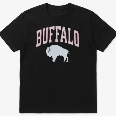 Bold bison silhouette with BUFFALO text in athletic design — printed on a unisex t-shirt