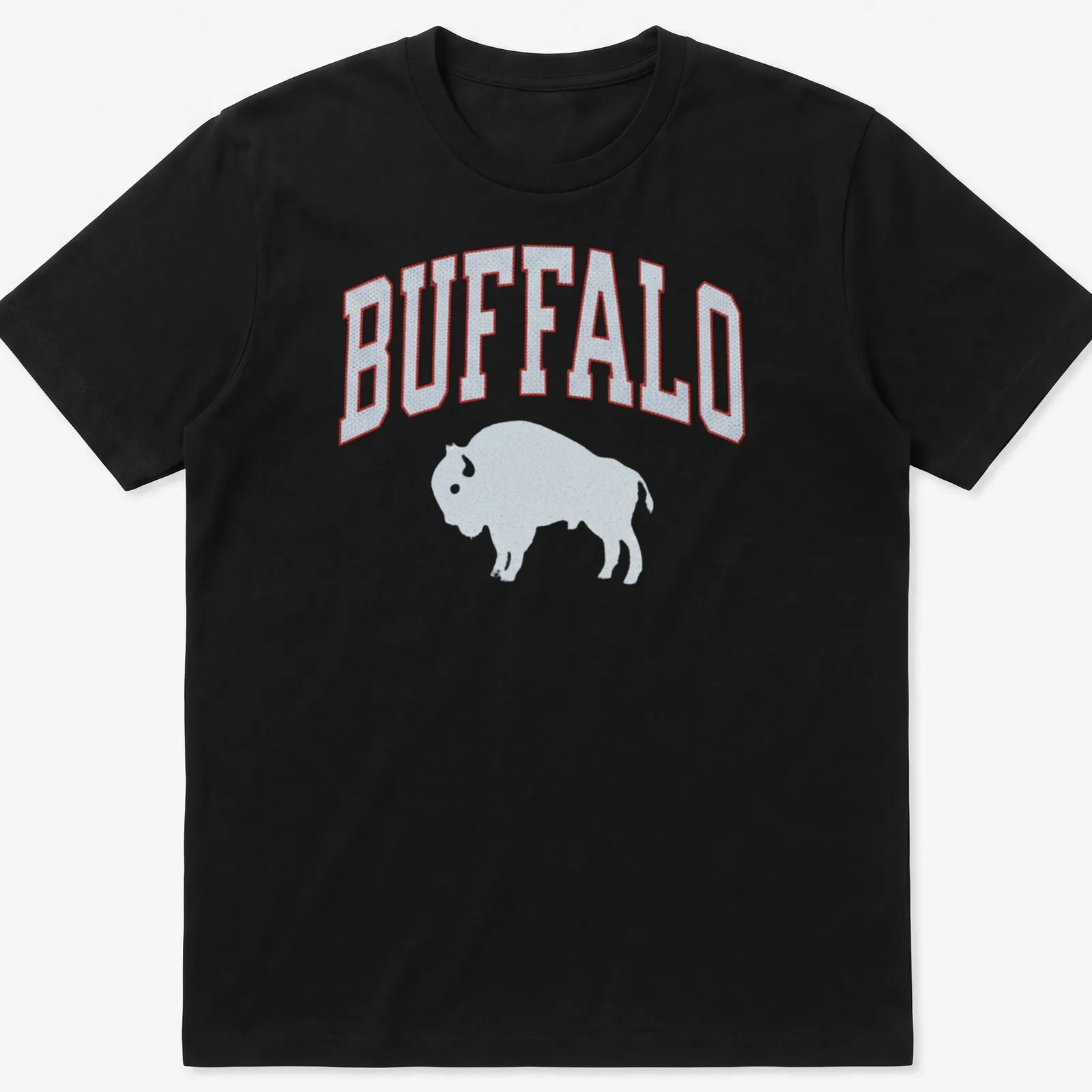 Bold bison silhouette with BUFFALO text in athletic design — printed on a unisex t-shirt