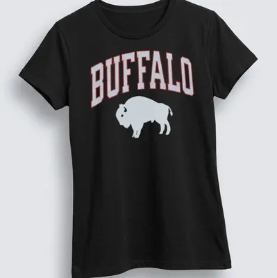 Bold bison silhouette with BUFFALO text in athletic design — printed on a women's shirt