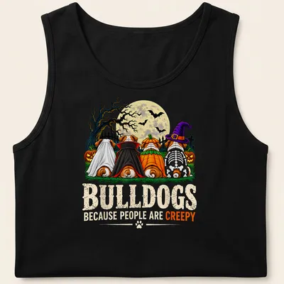 Colorful cartoon print of bulldogs in Halloween costumes with text — printed on a tank top