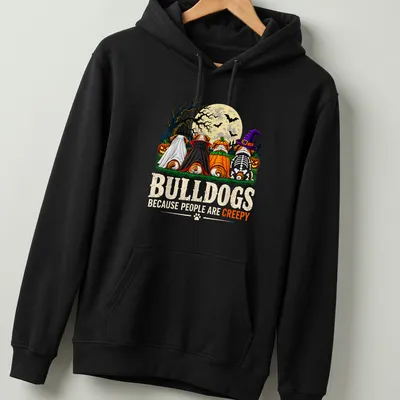 Colorful cartoon print of bulldogs in Halloween costumes with text — printed on a unisex hoodie