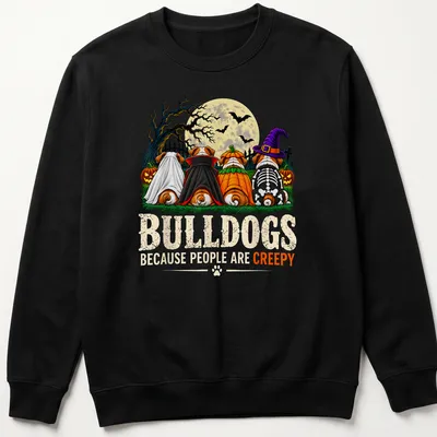 Colorful cartoon print of bulldogs in Halloween costumes with text — printed on a unisex sweatshirt
