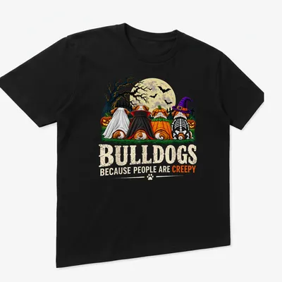 Colorful cartoon print of bulldogs in Halloween costumes with text — printed on a unisex t-shirt (angled view)