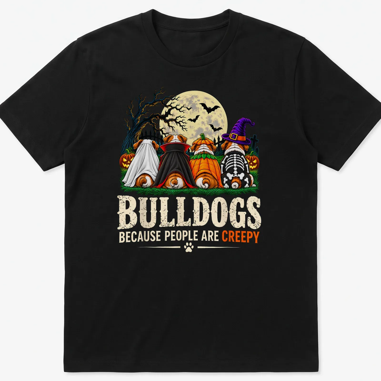Colorful cartoon print of bulldogs in Halloween costumes with text — printed on a unisex t-shirt