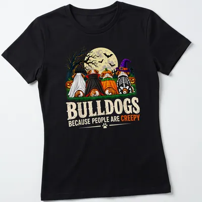 Colorful cartoon print of bulldogs in Halloween costumes with text — printed on a women's shirt