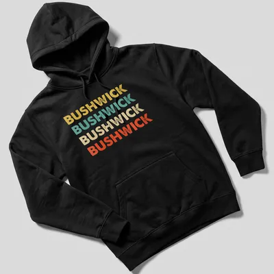 Retro typography shirt featuring the word BUSHWICK in bold colors. — printed on a unisex hoodie