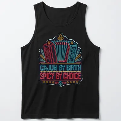Neon printed Cajun humor with accordion graphic in blue, red, yellow on black — printed on a tank top