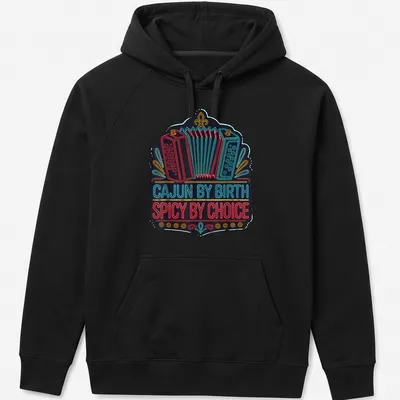 Neon printed Cajun humor with accordion graphic in blue, red, yellow on black — printed on a unisex hoodie