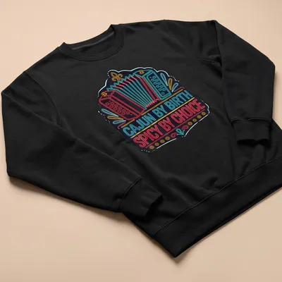 Neon printed Cajun humor with accordion graphic in blue, red, yellow on black — printed on a unisex sweatshirt