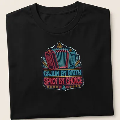 Neon printed Cajun humor with accordion graphic in blue, red, yellow on black — printed on a unisex t-shirt