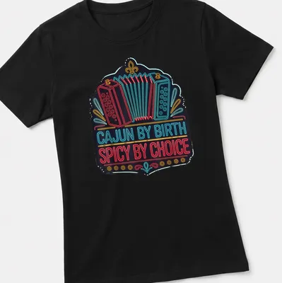 Neon printed Cajun humor with accordion graphic in blue, red, yellow on black — printed on a women's shirt