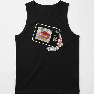 Realistic print of a camera surrounded by colorful books with the text Camera Picture Of Books — printed on a tank top