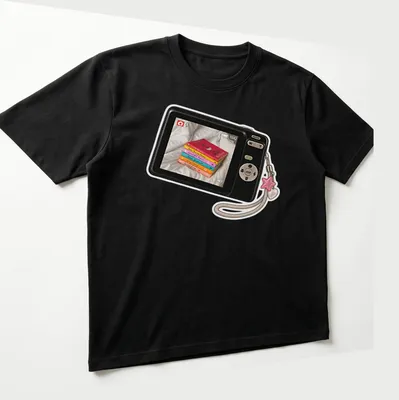 Realistic print of a camera surrounded by colorful books with the text Camera Picture Of Books — printed on a unisex t-shirt (angled view)
