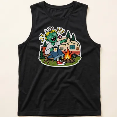 Colorful cartoon of a happy camper with a caravan and text Campfire Laugh — printed on a tank top