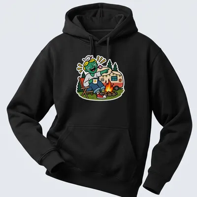 Colorful cartoon of a happy camper with a caravan and text Campfire Laugh — printed on a unisex hoodie