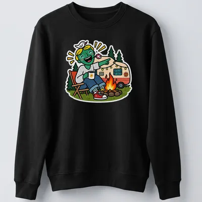 Colorful cartoon of a happy camper with a caravan and text Campfire Laugh — printed on a unisex sweatshirt