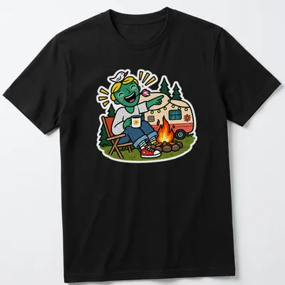 Colorful cartoon of a happy camper with a caravan and text Campfire Laugh — printed on a unisex t-shirt