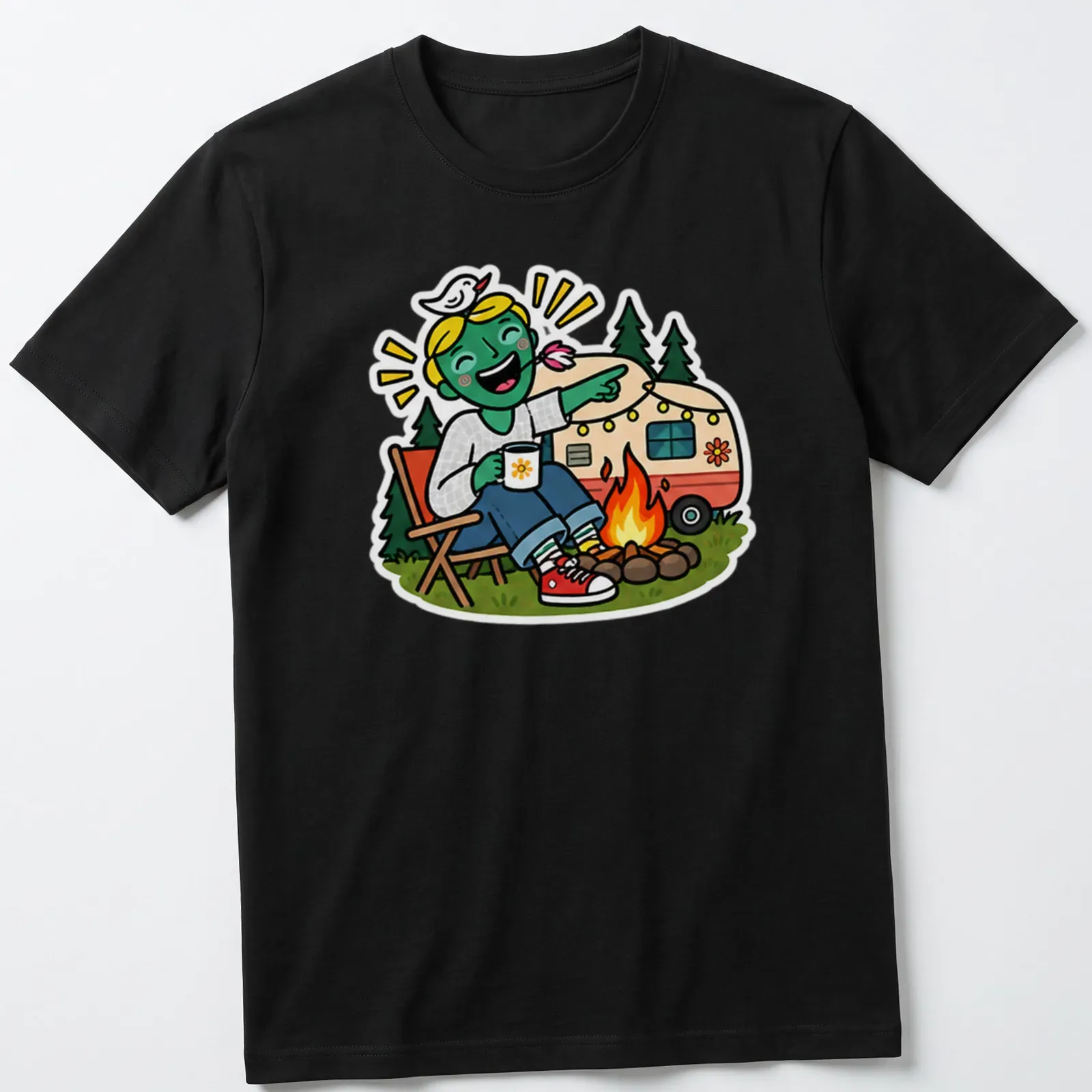 Colorful cartoon of a happy camper with a caravan and text Campfire Laugh — printed on a unisex t-shirt
